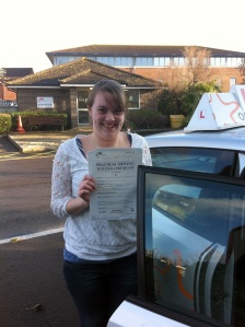 Jacqueline with her Practical Driving Test Pass Certificate outside Weston Super Mare Driving Test Centre